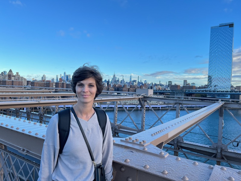 April on the Brooklyn Bridge with the Manhattan skyline
